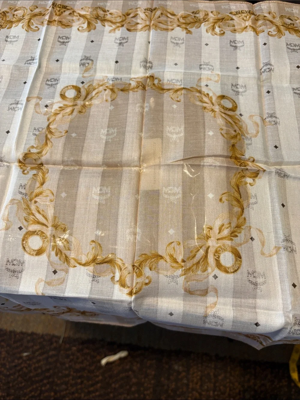MCM Cream and Gold Baroque Silk Scarf with Monogram